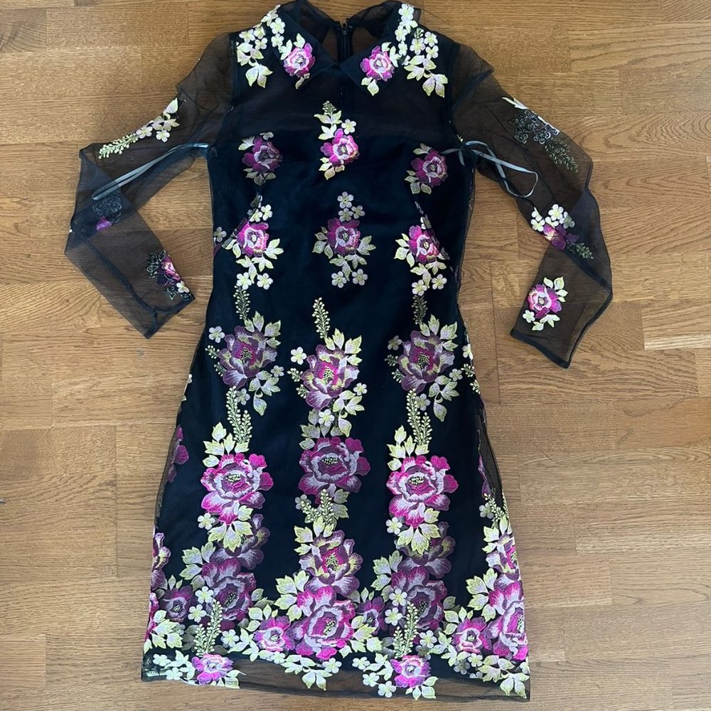 Marchesa Notte Short black illusion embroidered tulle dress